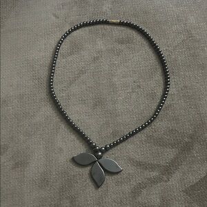 Vintage Hematite Beaded Necklace | Triple Leaf Pendant | Art Nouveau Style